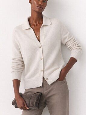 The White Company Wool Cashmere Button Front Collared Cardigan Cream 12